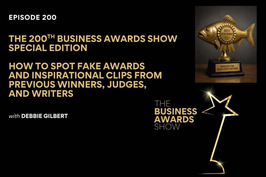 200th Business Awards Show Podcast 200th Business Awards Show cover in black with gold font. Picture of a fish trophy representing a phishing scam in top right corner.